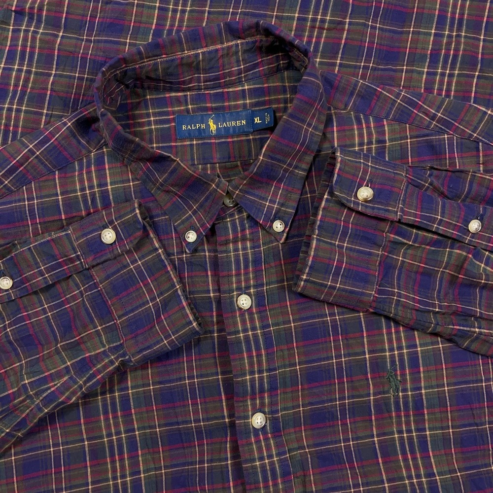 Ralph Lauren Shirt Men Men XL Purple Olive Green Plaid Button Up Dress Pony A52